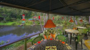 Outdoor lakeside dining area at a Costa Rica investment property with views of the private lake and docks.